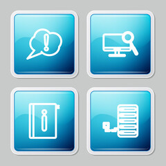 Set line Speech bubble Exclamation, Computer monitor diagnostics, User manual and Server icon. Vector.
