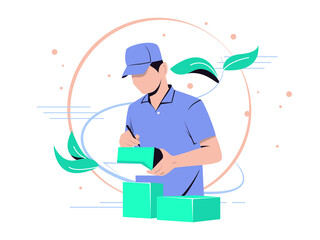 Vector illustration of noted delivery list. Man checks and notes items ready to be shipped.