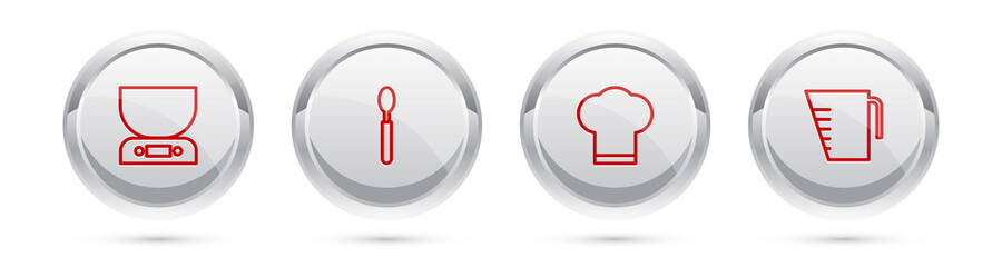 Set line Electronic scales, Spoon, Chef hat and Measuring cup. Silver circle button. Vector.