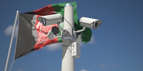 Flag of Afghanistan and four security cameras, 3d rendering