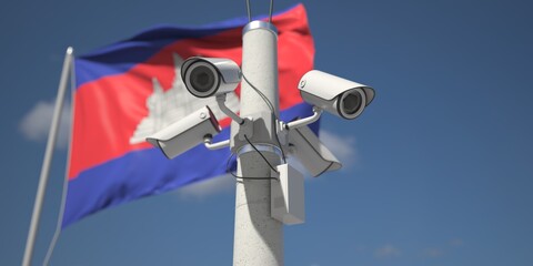 Naklejka na ściany i meble Flag of Cambodia and four security cameras, 3d rendering