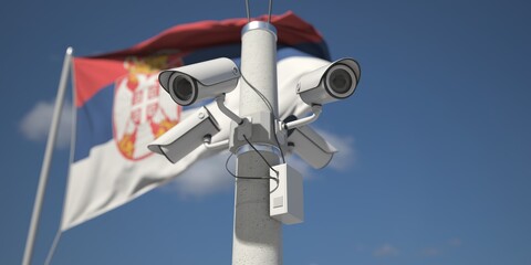 Naklejka na ściany i meble Flag of Serbia and four security cameras, 3d rendering