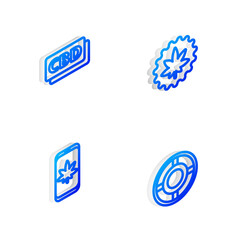 Set Isometric line Marijuana or cannabis leaf, Cannabis molecule, Mobile and marijuana and Ashtray icon. Vector.