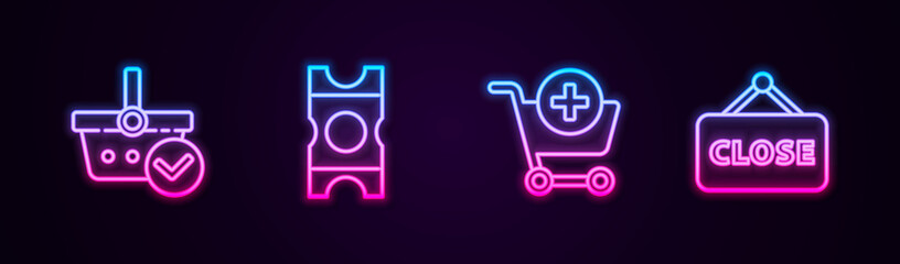 Set line Shopping basket with check mark, Coupon, Add to cart and Hanging sign Closed. Glowing neon icon. Vector.