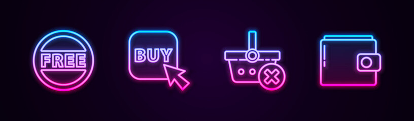 Set line Price tag with Free, Buy button, Remove shopping basket and Wallet. Glowing neon icon. Vector.