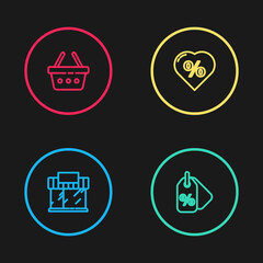 Set line Shopping building or market store, Discount percent tag, heart and basket icon. Vector.