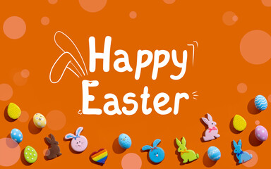 Happy Easter. Holiday banner. Festive decoration. Colorful gingerbread biscuit rabbit painted egg with chicken pattern composition isolated on orange background with creative inscription design.