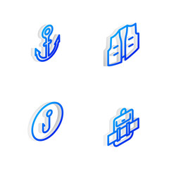 Set Isometric line Fishing jacket, Anchor, hook and Hiking backpack icon. Vector.
