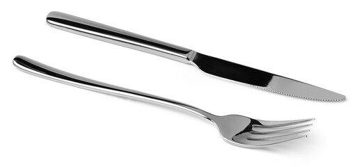 Silver fork and knife isolated on white background