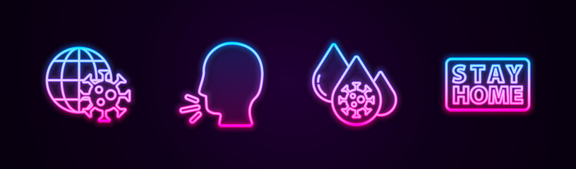 Set line Earth globe with virus, Man coughing, Blood test and and Stay home. Glowing neon icon. Vector.