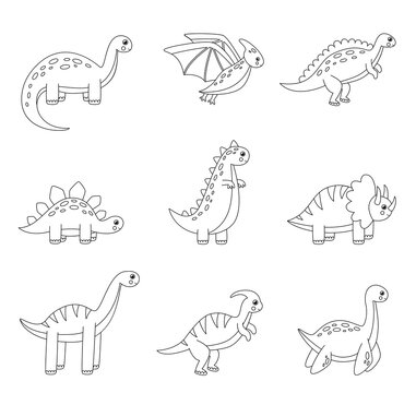 Color set of cartoon dinosaurs. Coloring page for kids.
