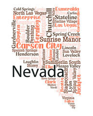 Word cloud map design includes all Counties, Cities, Municipalities in the state of Nevada. Four different types of fonts are grouped by different colors so they can be easily edited.