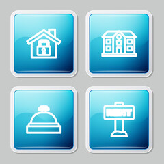 Set line House under protection, , Hotel service bell and Hanging sign with Rent icon. Vector.