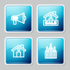 Set line Megaphone, Hanging sign with Sale, House and Skyscraper icon. Vector.