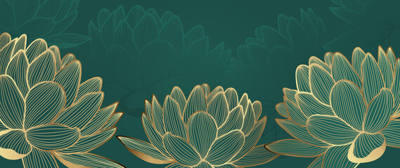 Luxuriöses Tapetendesign mit goldenem Lotus und grünem Naturhintergrund. Lotus Line Arts Design für Stoff, Drucke und Hintergrundtextur, Vektorillustration. © TWINS DESIGN STUDIO