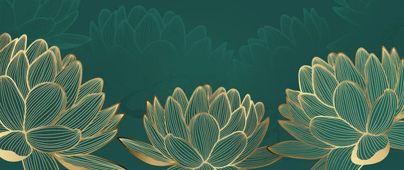 Luxuriöses Tapetendesign mit goldenem Lotus und grünem Naturhintergrund. Lotus Line Arts Design für Stoff, Drucke und Hintergrundtextur, Vektorillustration. © TWINS DESIGN STUDIO