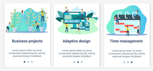 Modern flat illustrations in the form of a slider for web design. A set of UI and UX interfaces for the user interface.The topic of Business projects, adaptive design and time management.