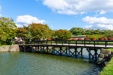 View of the Goryokaku Park in autumn in Hakodate, Hokkaido, Japan.