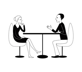 Woman and man are talking. Vector black outline image.