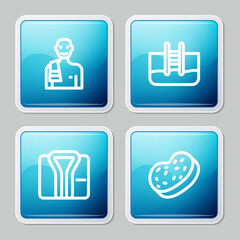 Set line Man in the sauna, Swimming pool with ladder, Bathrobe and sponge icon. Vector.