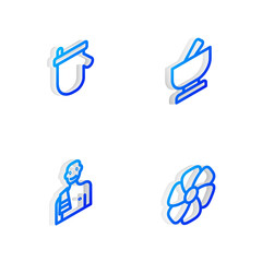Set Isometric line Mortar and pestle, Sauna mittens, Man in the sauna and Flower icon. Vector.
