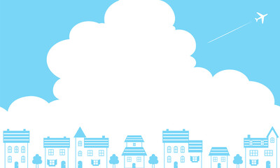夏の青空と入道雲と飛行機と街並みのベクターイラスト背景(風景)