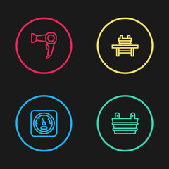 Set line Sauna thermometer, bucket, bench with and Hair dryer icon. Vector.