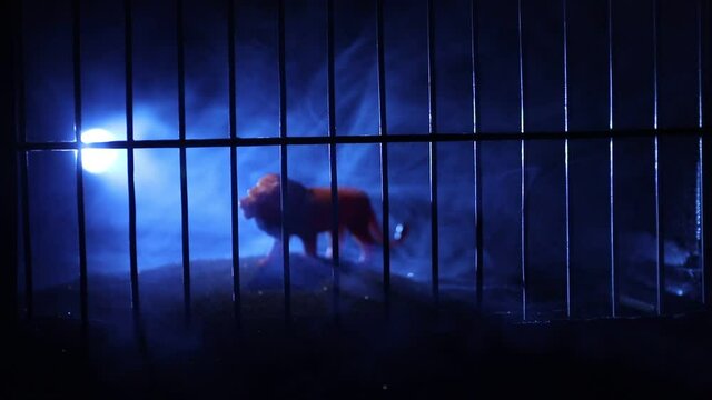 Silhouette of a lion miniature standing in a zoo cage dreams of freedom. Creative decoration with colorful backlight with fog. Selective focus