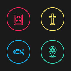 Set line Christian fish, Star of David, cross and icon icon. Vector.