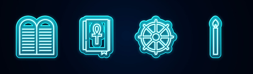 Set line The commandments, Cross ankh book, Dharma wheel and Burning candle. Glowing neon icon. Vector.