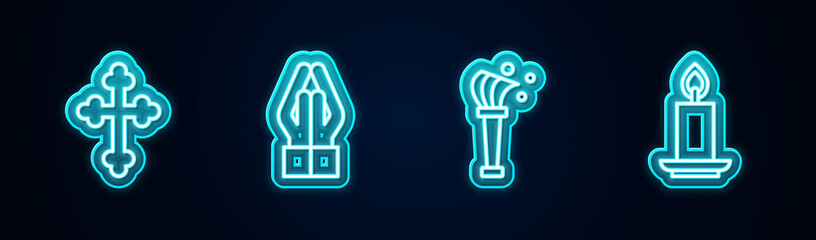 Set line Christian cross, Hands in praying position, Aspergillum and Burning candle. Glowing neon icon. Vector.