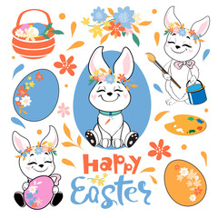 Obraz na płótnie Canvas Cute collection of easter bunnies, flowers and easter eggs on white isolated background. Greeting card. Funny animals for kids