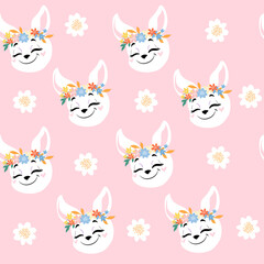 Funny bunny and flowers seamless pattern on a pink background. Congratulation vector illustration for birthday kids. Drawing animal face