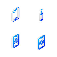 Set Isometric line Screwdriver, Glass screen protector, Mobile with exclamation mark and Phone repair service icon. Vector.