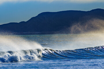 Sea waves forming white foam on sunny day.