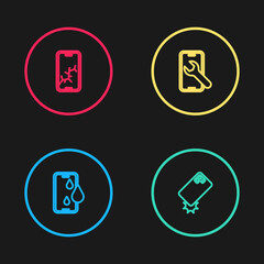 Set line Waterproof phone, Shockproof, Mobile service and with broken screen icon. Vector.