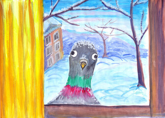 Funny pigeon is sitting on the cornice and looking through the glass into the room. Winter view outside the window. Snow is on the ground, trees and on the roof of the neighbour house. Yellow curtain. © Elena