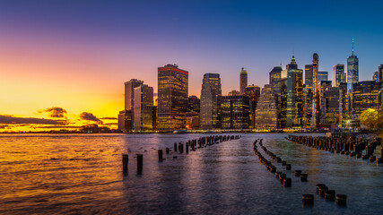 Sunset at the Old Pier 1 in Brooklyn, New York City, New York.