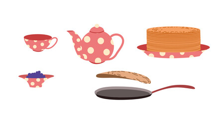 Tea set with jam and pancakes. Shrovetide week. Breakfast on Shirokaya Shrovetide. Vector flat illustration on a white isolated background.