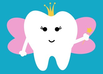Tooth Fairy with wings, gold crown.  Flat design cartoon kawaii style smiling emoji character.