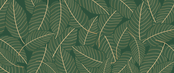 Golden green leaf background vector. Natural leaves wallpaper design. Vector illustration.