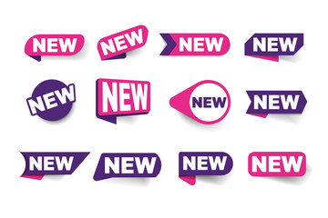 New note label, mark tag, sticker, corner and badge set. New selling condition etiquette with promotion message to arrival advertise, announce vector illustration isolated on white background