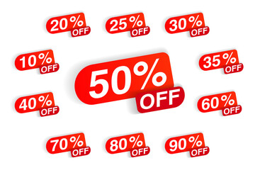 Discount clearance sale red sticker offering price reduction. Sticky badge or label with ten to ninety percent off set for economy shopping vector illustration isolated on white background