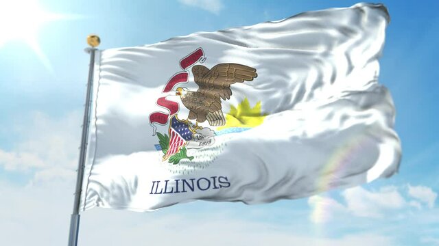 4k 3D Illustration of the waving flag on a pole of state of Illinois in United States of America