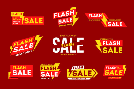 Special flash sale limited time promotion banner design set. Marketing tag with lightning and bargain offer advertising only today, this weekend vector illustration isolated on red background