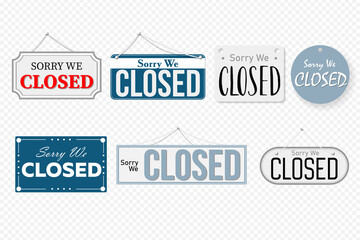 Closed notice information tag, placard with reminder message. Set of art design banner on door store, signboard with rope, online shop signage vector illustration isolated on white background