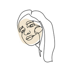 One line face. Minimalist continuous linear sketch woman face. Female portrait black white artwork outline vector hand drawn illustration. 