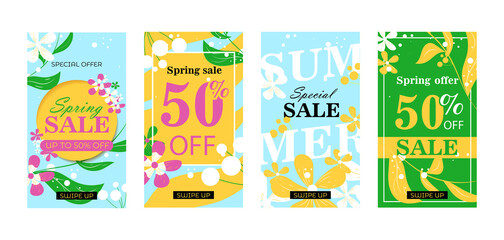 Trendy spring sale banner for social networks stories set. Seasonal special offer headline discount advertising invitation collage with swipe up button vector illustration isolated on white background