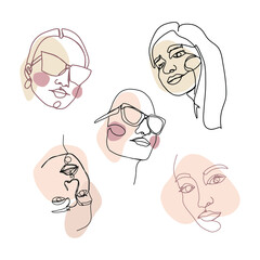 One line face. Minimalist continuous linear sketch woman face. Female portrait black white artwork outline vector hand drawn illustration. 