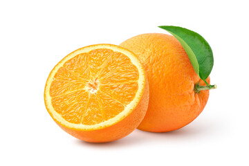 Orange  with cut in half and green leaf isolated on white background.